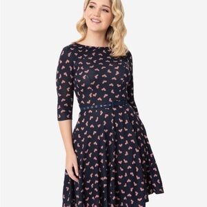 NWOT Unique Vintage Brand Black Dress w/ Pink Hearts & matching belt/EUC/Zipper